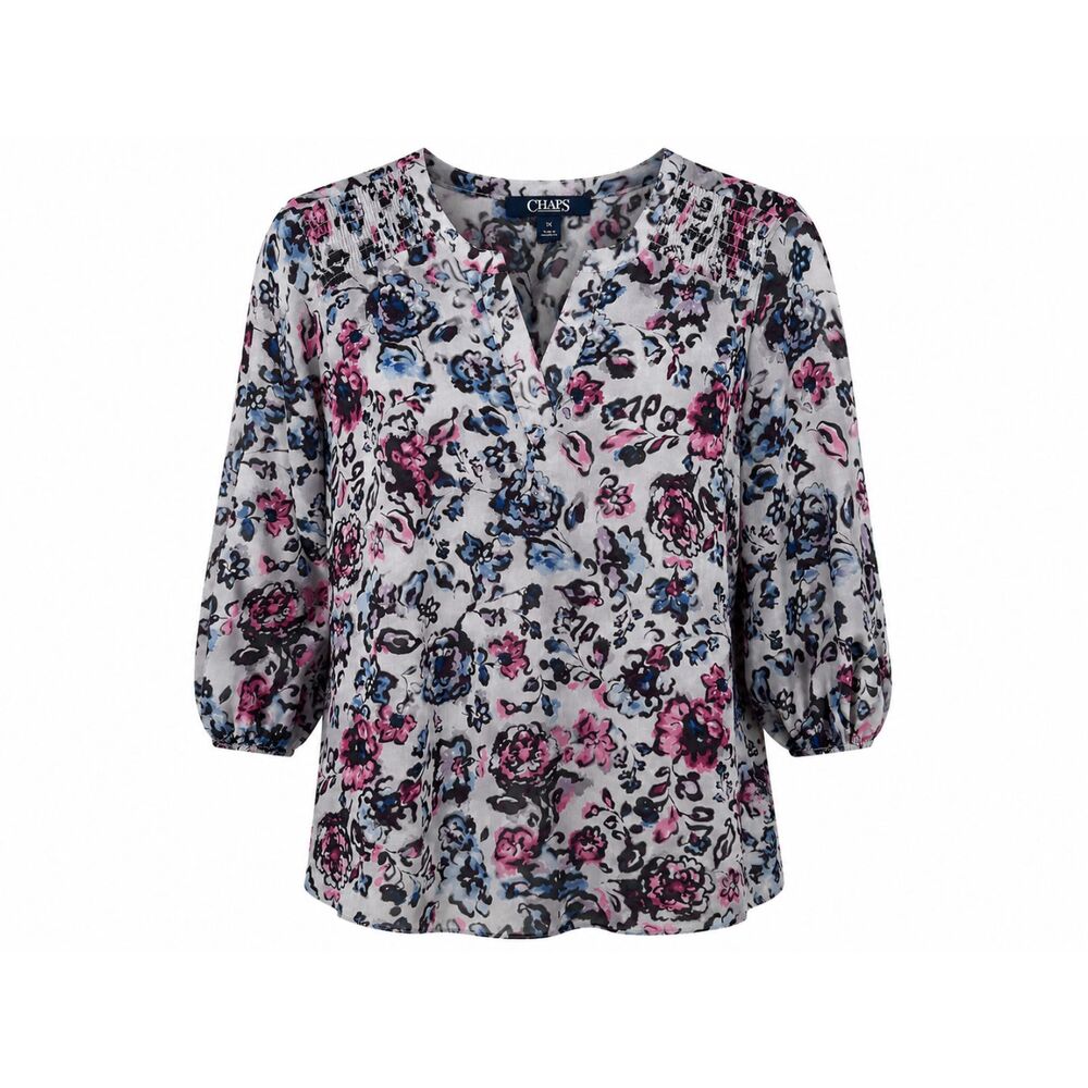 Chaps Women's 1X Gray Pink Blue Floral Peasant Blouse 3/4 Sleeve